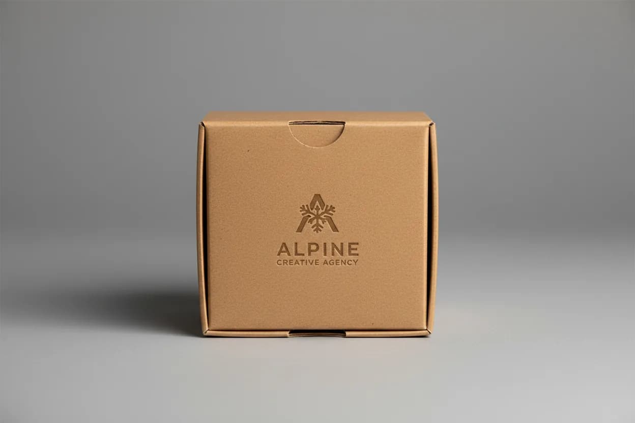 Крафтовая коробка с тиснёным логотипом агентства «ALPINE»
