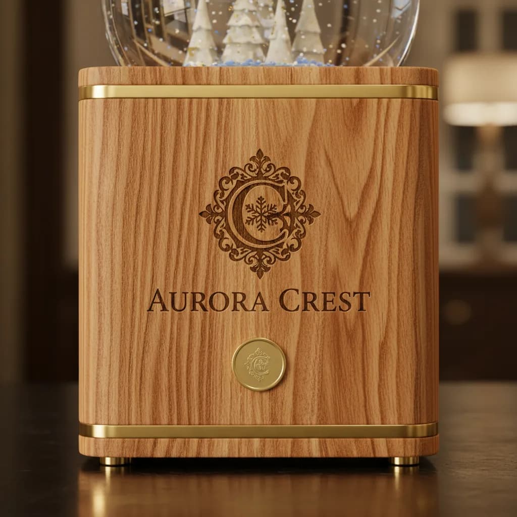 Деревянное основание шара с гравированным вензелем и надписью «Aurora Crest»