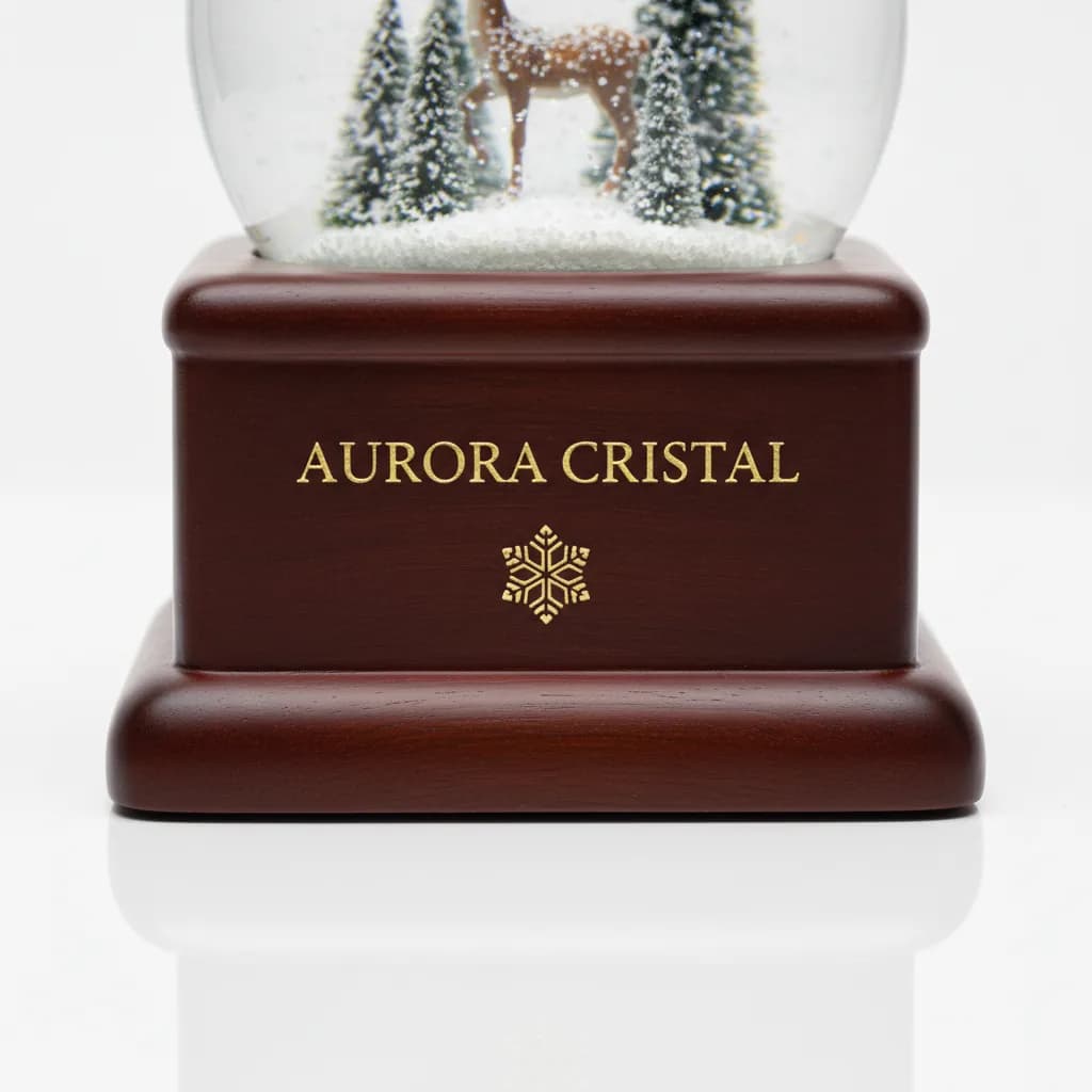 Тёмно-вишнёвое деревянное основание шара с золотой надписью «AURORA CRISTAL» и золотой снежинкой под ней